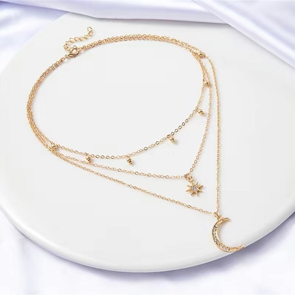 Layered Gold Moon and Star Necklace - Picture 2 of 9